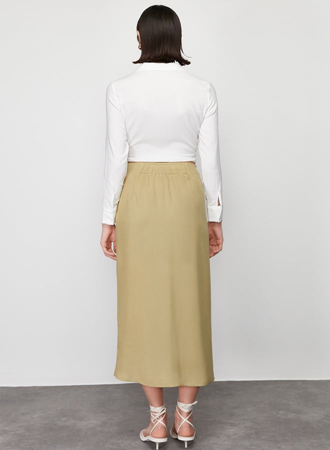 trendyol khaki Tied Double Breasted Closure Maxi Length Woven Skirt with Viscose Fabric TWOSS24ET00006 - Image 5