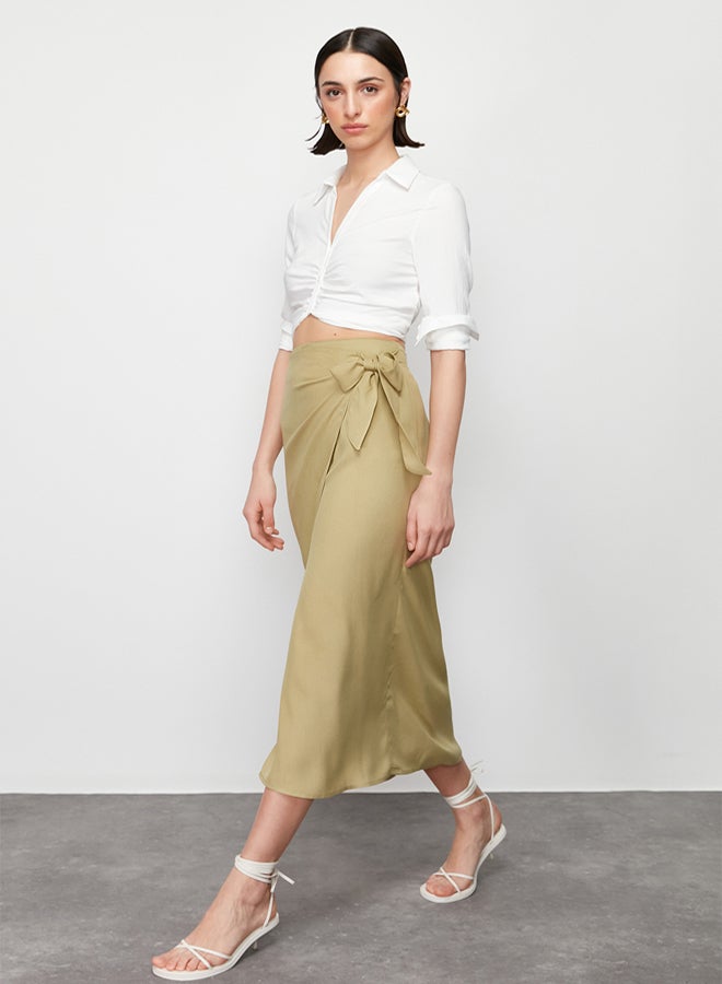 trendyol khaki Tied Double Breasted Closure Maxi Length Woven Skirt with Viscose Fabric TWOSS24ET00006 - Image 2