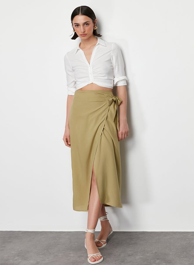 trendyol khaki Tied Double Breasted Closure Maxi Length Woven Skirt with Viscose Fabric TWOSS24ET00006 - Image 3