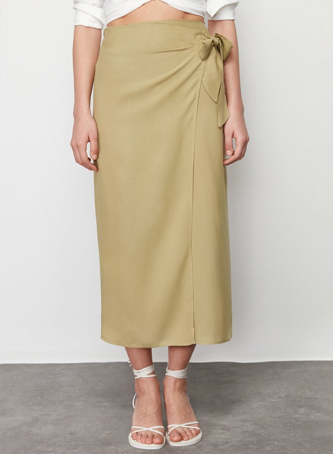 trendyol khaki Tied Double Breasted Closure Maxi Length Woven Skirt with Viscose Fabric TWOSS24ET00006 - Image 4