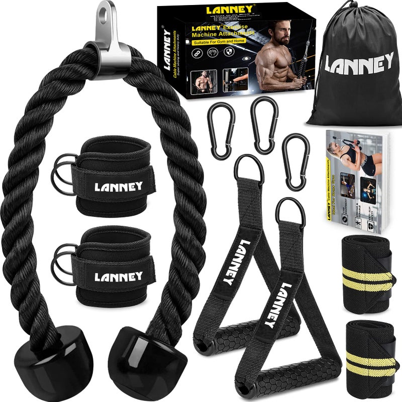 LANNEY Tricep Rope Cable Machine Attachment 35 Triceps Pull Down Rope LAT Pulldown Attachments Home Gym Accessories Set with Resistance Bands Handle Ankle Straps Carabiner Wrist Wraps for Exercise
