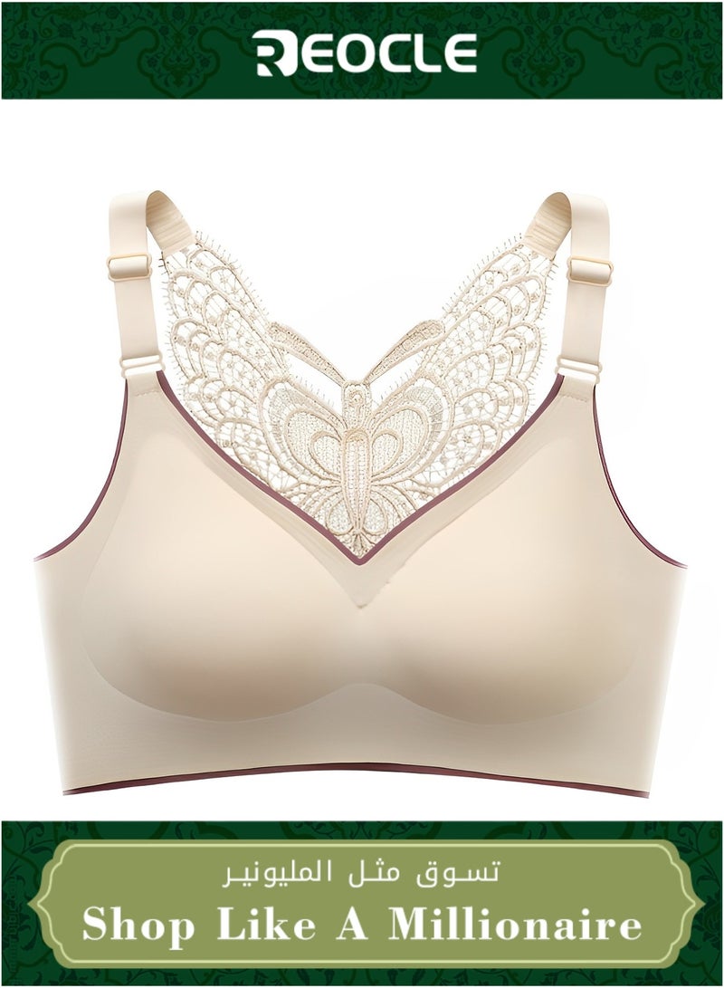 REOCLE Women's Wire-Free Push Up Bra Seamless Front Closure Lace Butterfly Daily Bra Butterfly Embroidery Front Closure Bra Adjustable Butterfly Back Bras - Image 1