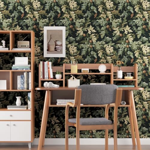 VOLEAAR Dark Green Forest Acorn Wallpaper, Casual Oak Leaves & Acorns Botanical Design Removable Wall Paper for Cubicle Bathroom Cabinet, Waterproof Contact Paper Mural Wall Art Decor 17.5In x 118In - Image 3