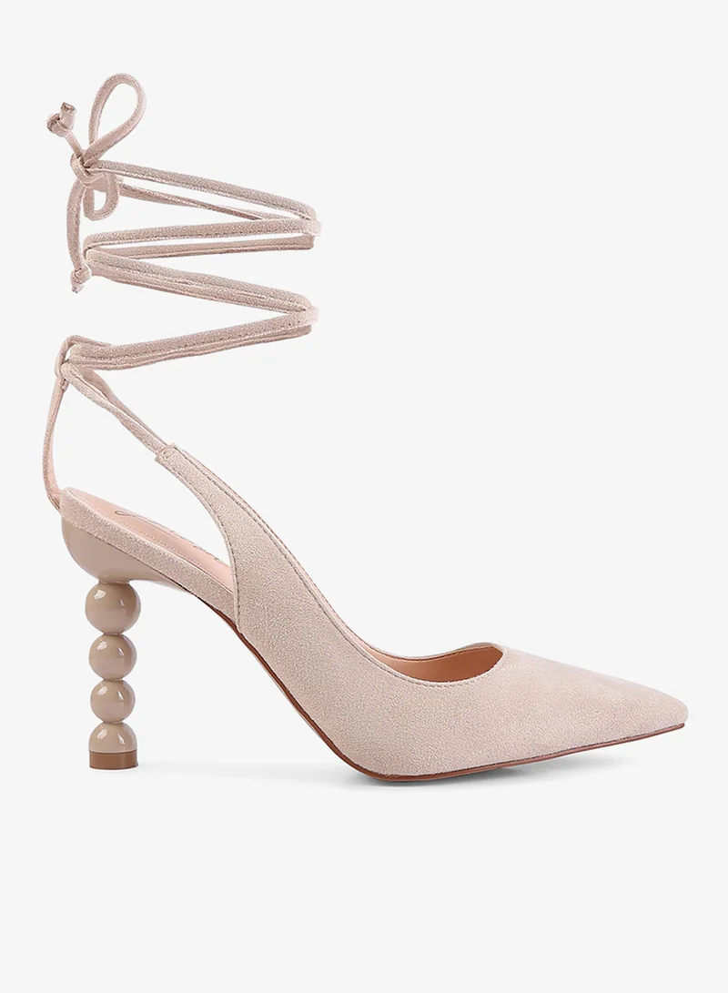 Beige Faux Suede Cut Out Heel Laceup Sandals