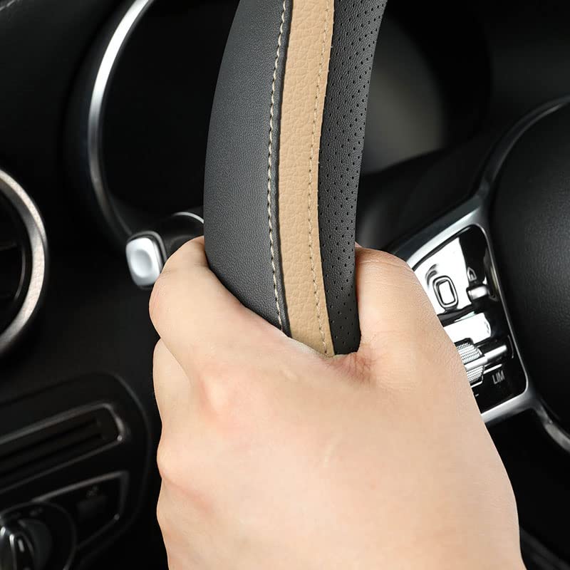 szttswamp Car Steering Wheel Cover, Leather Steering Wheel Cover Beige Universal 14.5-15 Inch Microfiber Leather Anti-Slip Breathable Auto Steering Wheel Covers for Men Women (Black&Beige) - Image 4