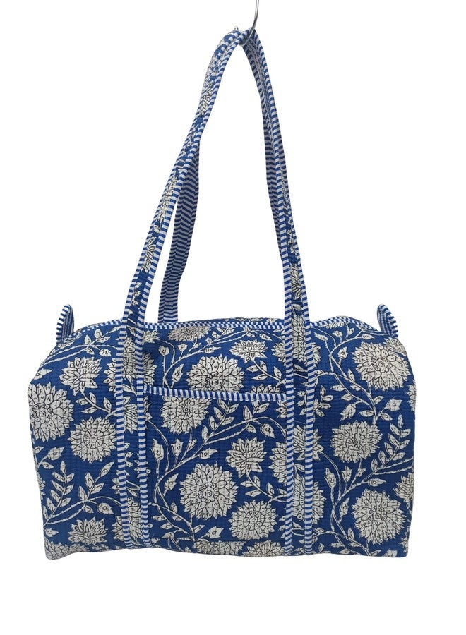 ART WORLD Handblock Print Cotton Quilted Duffle Bag Eco-Friendly & Handmade Gym Yoga Sports Golf Travel Large Capacity Shoulder Tote Bag 18x10x10 Inches (Blue) - Image 1