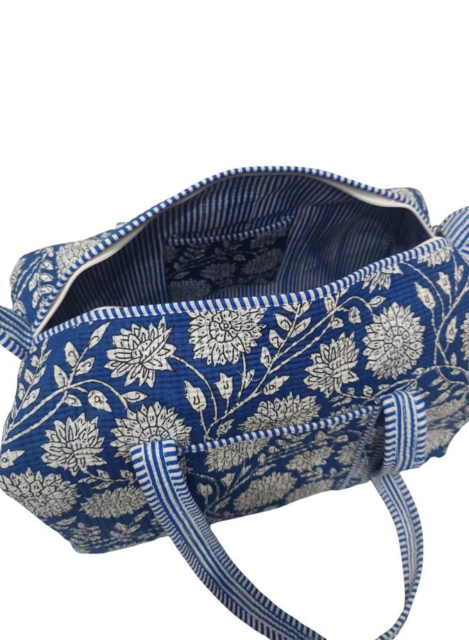 ART WORLD Handblock Print Cotton Quilted Duffle Bag Eco-Friendly & Handmade Gym Yoga Sports Golf Travel Large Capacity Shoulder Tote Bag 18x10x10 Inches (Blue) - Image 4