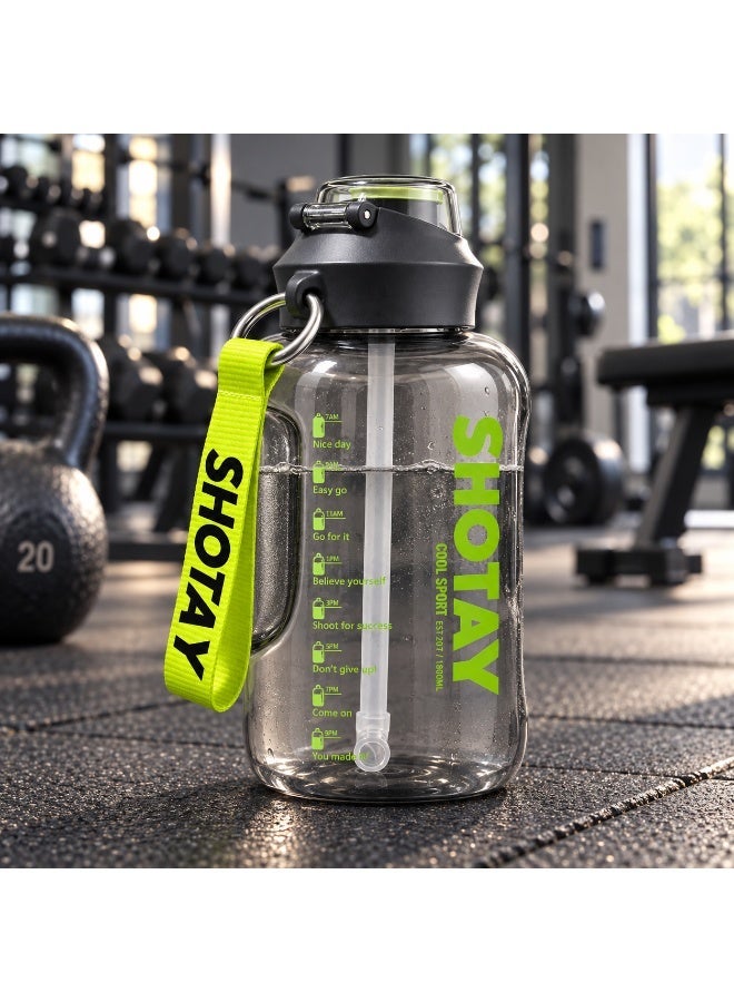 SHOTAY Large Sports Water Bottle with Straw, Side Handle, Carry Strap, Leak-Resistant Lid and Time Markers – Transparent Grey and Green - Image 1