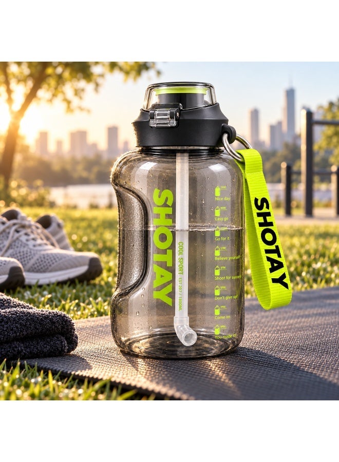 SHOTAY Large Sports Water Bottle with Straw, Side Handle, Carry Strap, Leak-Resistant Lid and Time Markers – Transparent Grey and Green - Image 4