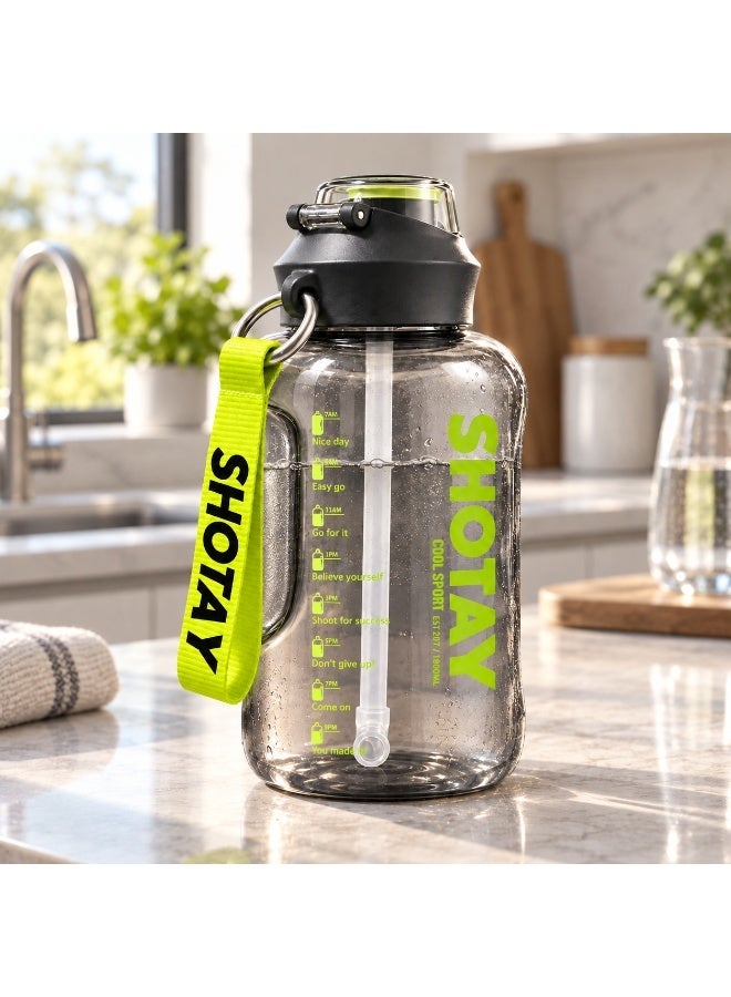 SHOTAY Large Sports Water Bottle with Straw, Side Handle, Carry Strap, Leak-Resistant Lid and Time Markers – Transparent Grey and Green - Image 3