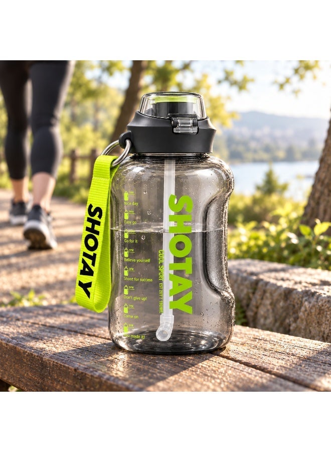 SHOTAY Large Sports Water Bottle with Straw, Side Handle, Carry Strap, Leak-Resistant Lid and Time Markers – Transparent Grey and Green - Image 5