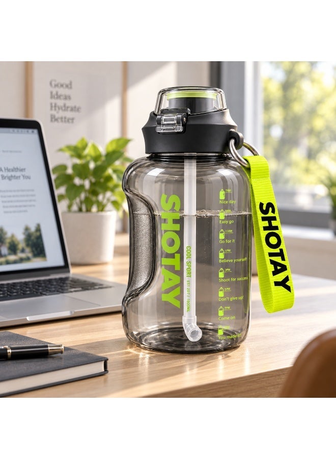 SHOTAY Large Sports Water Bottle with Straw, Side Handle, Carry Strap, Leak-Resistant Lid and Time Markers – Transparent Grey and Green - Image 2
