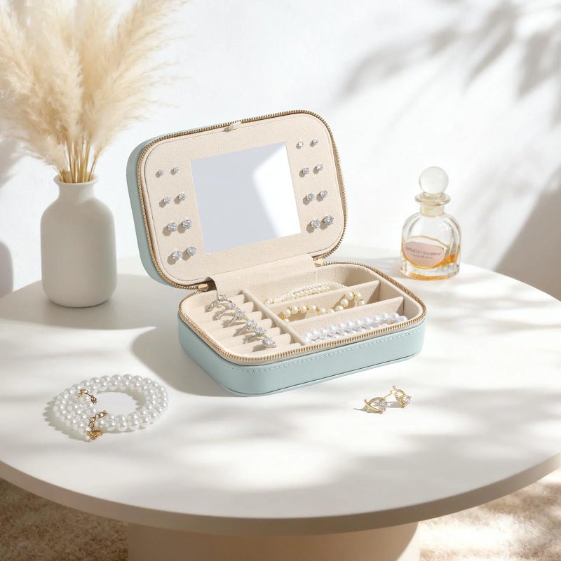 NGVRC Genuine Leather Travel Jewelry Organizer Case with Mirror for Women, Small Mini Portable Jewelry Box for Ring Earrings Necklace Bracelet Luxury Gift for Womenï¼ˆCyanï¼‰ - Image 2
