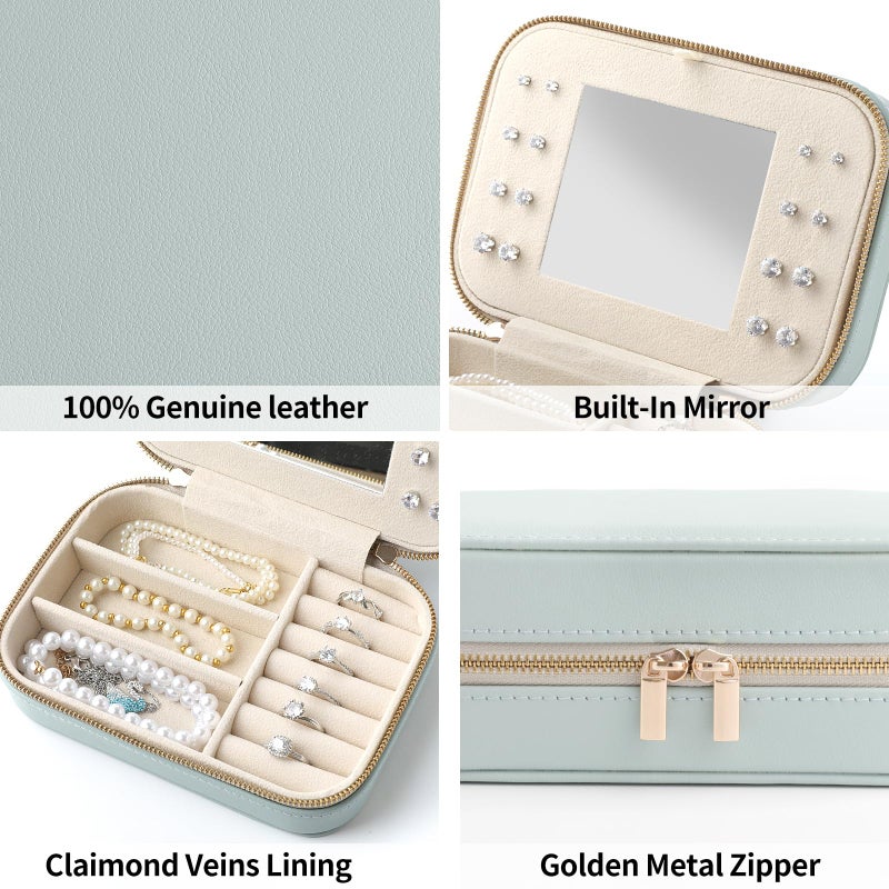 NGVRC Genuine Leather Travel Jewelry Organizer Case with Mirror for Women, Small Mini Portable Jewelry Box for Ring Earrings Necklace Bracelet Luxury Gift for Womenï¼ˆCyanï¼‰ - Image 5