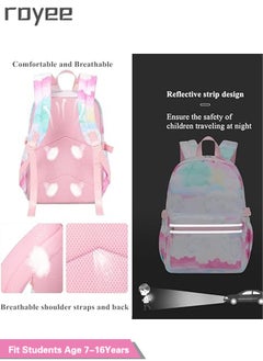 Royee 3Pcs Shool Backpack Set For Girls ,Tie Dye Backpacks for Girls Elementary Casual Bookbag Set School Backpack for Teens with Lunch Box And Pen bag,Light weight Load reducing backpack-Pink  - Image 4