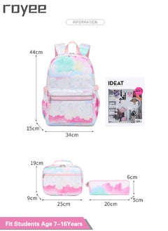 Royee 3Pcs Shool Backpack Set For Girls ,Tie Dye Backpacks for Girls Elementary Casual Bookbag Set School Backpack for Teens with Lunch Box And Pen bag,Light weight Load reducing backpack-Pink  - Image 3