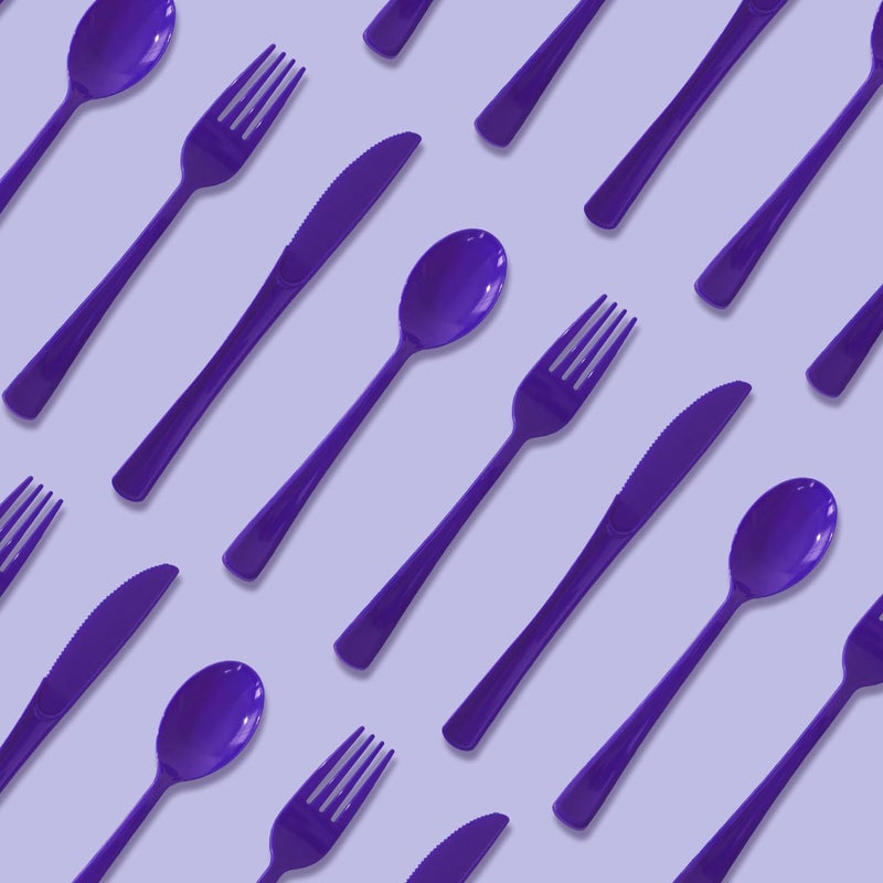 JSQBSECL 150 Pack Plastic Silverware Disposable Cutlery Set Heavy Duty Utensil Sets 50 Forks 50 Knives 50 Spoons for Brithday  Wedding Home Office School Party Picnics (Purple) - Image 3