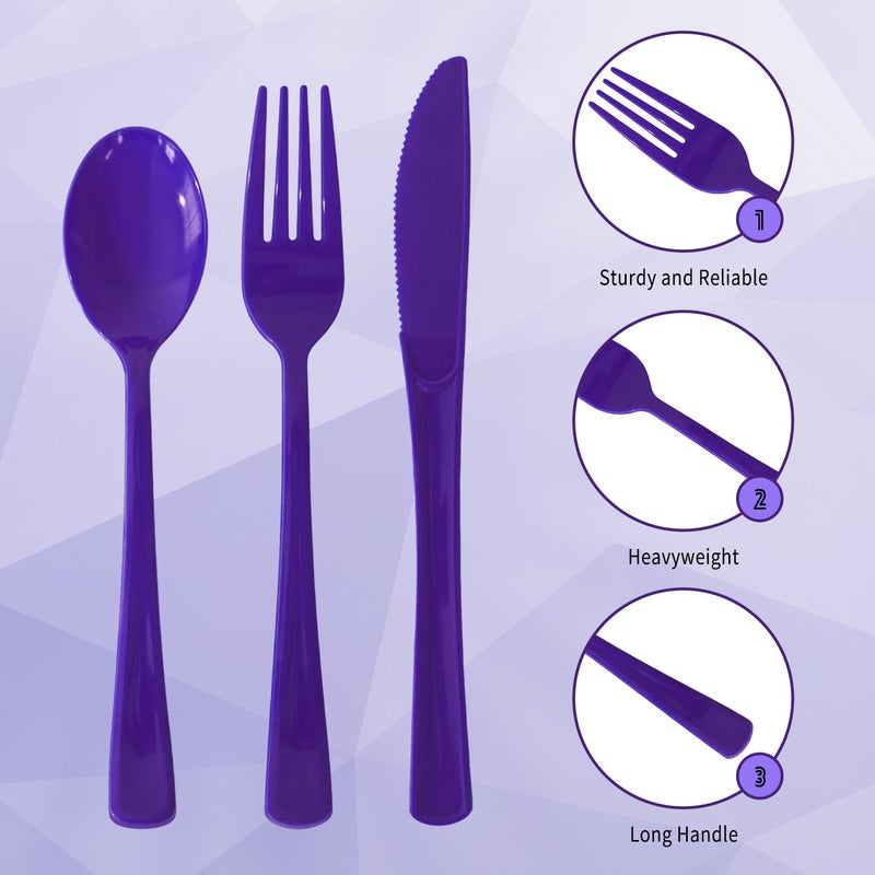 JSQBSECL 150 Pack Plastic Silverware Disposable Cutlery Set Heavy Duty Utensil Sets 50 Forks 50 Knives 50 Spoons for Brithday  Wedding Home Office School Party Picnics (Purple) - Image 2
