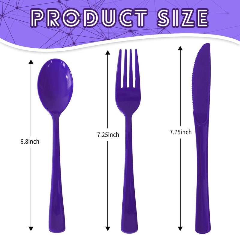 JSQBSECL 150 Pack Plastic Silverware Disposable Cutlery Set Heavy Duty Utensil Sets 50 Forks 50 Knives 50 Spoons for Brithday  Wedding Home Office School Party Picnics (Purple) - Image 1