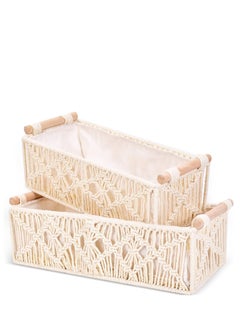 Macrame Storage Basket Boho Decor Baskets，Organizing Woven Decorative Basket，Handmade Countertop Toilet Tank Shelf Cabinet Organizer for Bathroom Decor Bedroom Nursery Livingroom Entryway（Set of 2）