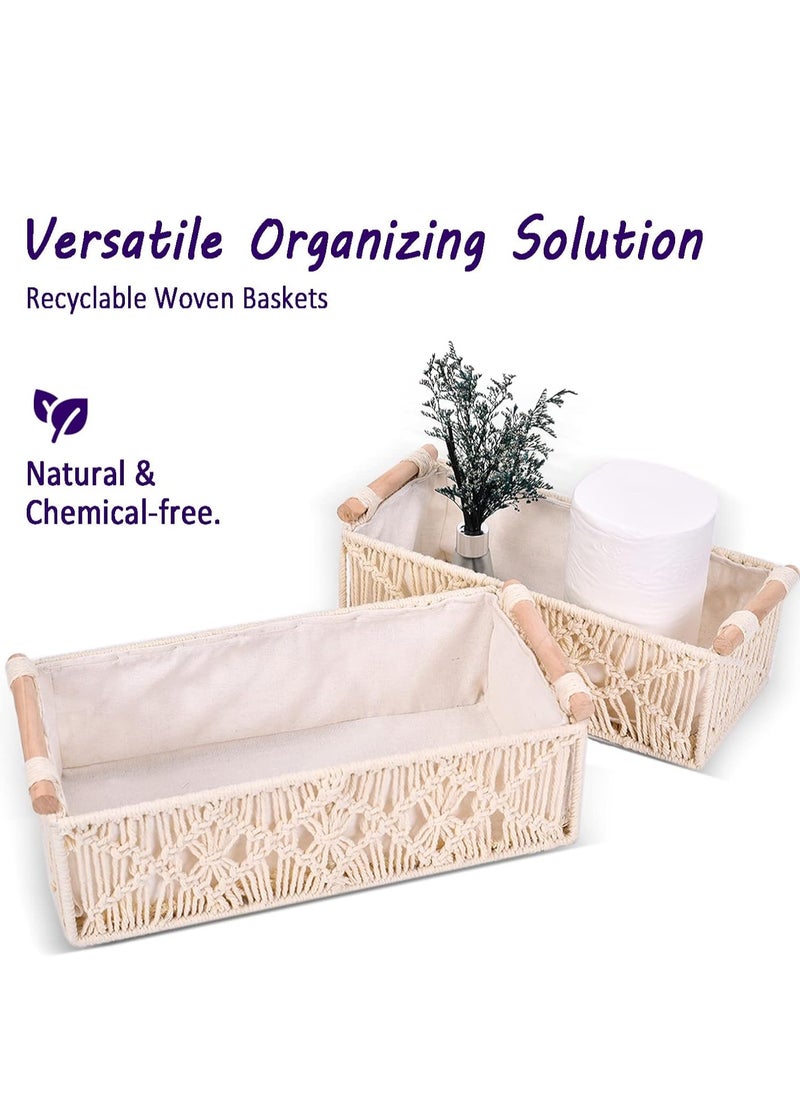 Antikiano - Macrame Storage Basket Boho Decor Baskets，Organizing Woven Decorative Basket，Handmade Countertop Toilet Tank Shelf Cabinet Organizer for Bathroom Decor Bedroom Nursery Livingroom Entryway（Set of 2） - Image 1