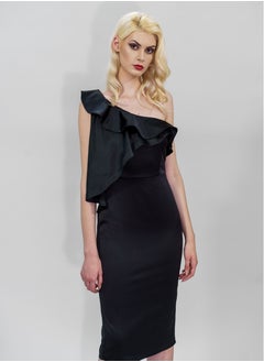 BITOLIA GALLERY Midi Cold Shoulder Ruffles Dress Black  - Image 5