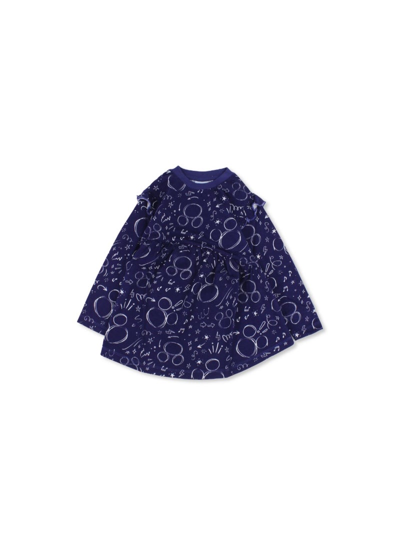 MTG Girls Cotton Long Sleeve Dress – Blue with All-Over Mickey Print - Image 1