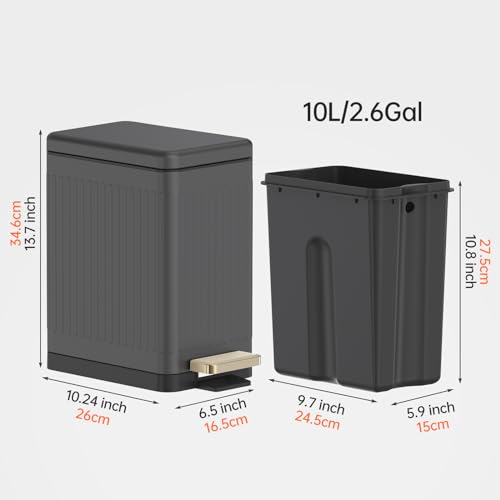 Mbillion Bathroom Trash Can with Lid-Stainless Steel Step Slim Garbage Can-Metal Wastebasket-10L/2.6 Gallon Rectangle Pedal Trash Bin for Narrow Office, Kitchen, Bedroom, Toilet-Soft Close, Grey - Image 5