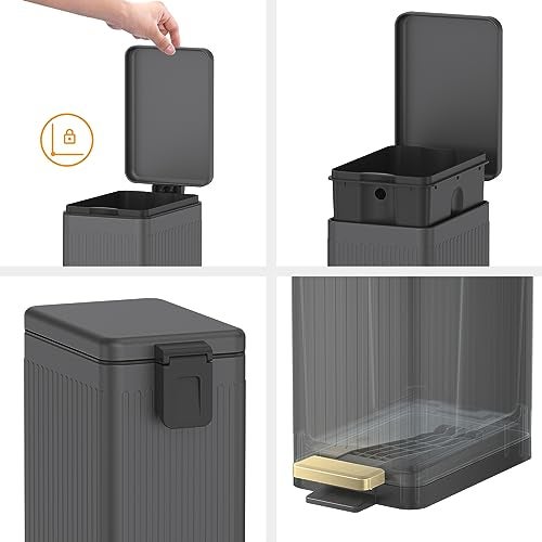 Mbillion Bathroom Trash Can with Lid-Stainless Steel Step Slim Garbage Can-Metal Wastebasket-10L/2.6 Gallon Rectangle Pedal Trash Bin for Narrow Office, Kitchen, Bedroom, Toilet-Soft Close, Grey - Image 3