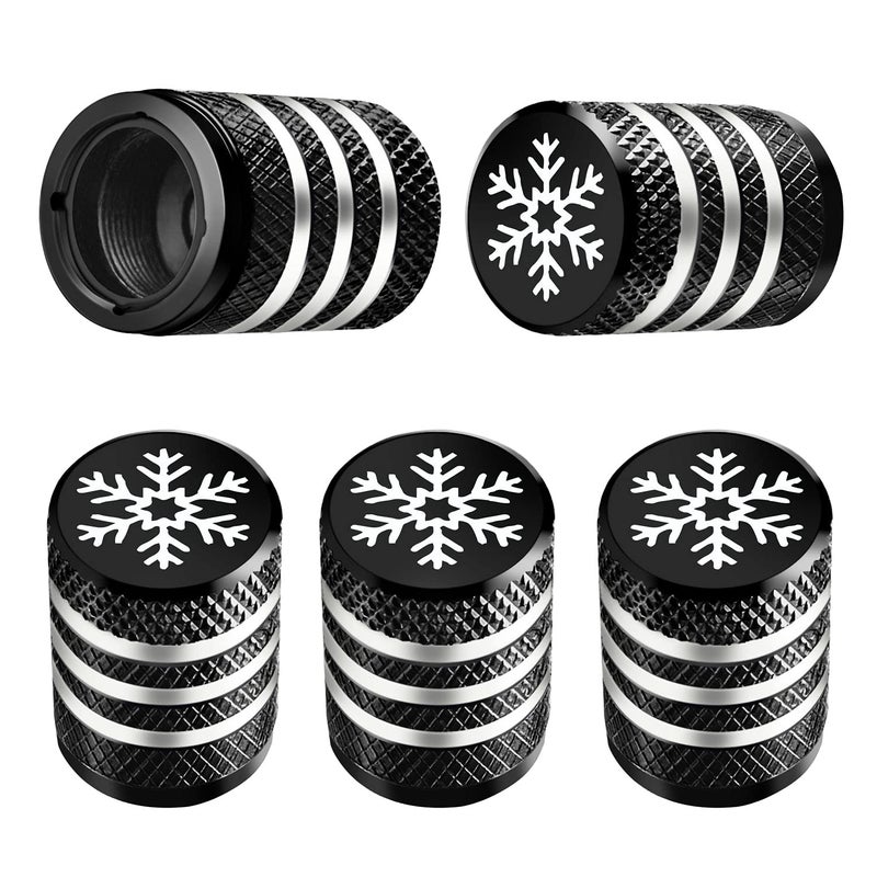 Tire Valve Stem Cap Cover 5 Pack Tire Air Caps Metal with Plastic Liner Corrosion Resistant LeakProof Snow Snowflake for Car Motorcycle Bike Black