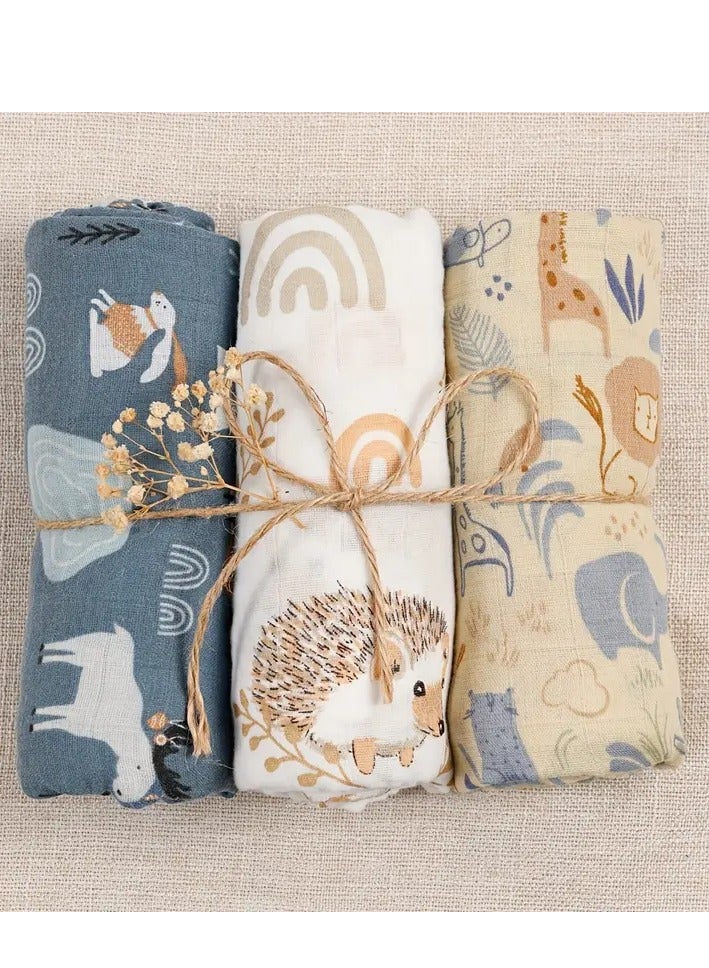 KangoKids 3pcs/Set Double Layer Muslin Blanket Receiving Blanket Swaddle wrap for Boys and Girls Soft Muslin Baby Swaddle Blankets Pastel Colors, Hand Wash Only, Perfect for Newborns & Infants, Infant Comfort, Whimsical Design  - Image 1