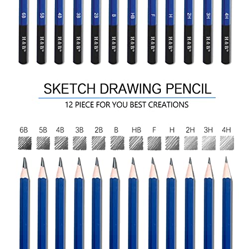 HB H & B 12 PCS Pencil Drawing Kit, H-4H, F, HB, B-6B Graphite and Charcoal Sketch Pencil Set for Beginners, Professional Artists - Image 2