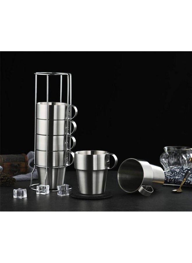 Mirenlife Stackable Stainless Steel Coffee Cups, Insulated Tea Cups With Stainless Steel Handle, Double Walled Insulated Coffee Mug, Keep Drinks Hot Or Cold Longer, Metal Stand, Set Of 6  - Image 2