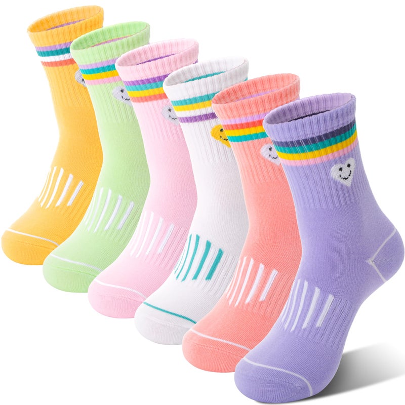 Sandsuced Kids Girls Socks Athletic Sport Basketball Youth Cotton Crew Soft Colorful Heart Gift Outdoor Socks 6 Pairs Stocking Stuffers(Colorful Stripes Face,5-8 Years) - Image 1