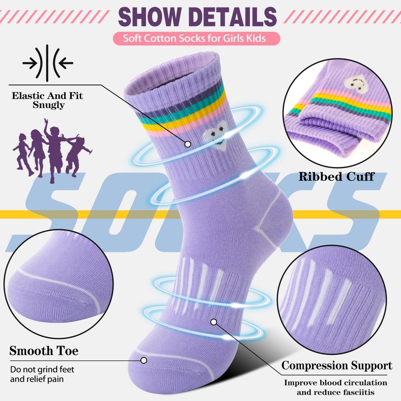 Sandsuced Kids Girls Socks Athletic Sport Basketball Youth Cotton Crew Soft Colorful Heart Gift Outdoor Socks 6 Pairs Stocking Stuffers(Colorful Stripes Face,5-8 Years) - Image 2