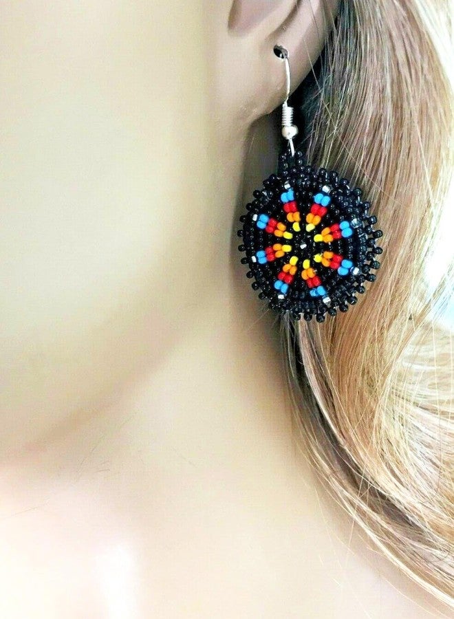 BeadsCorner Handmade Cute Seed Beaded Earrings 1.2 Round (Black) - Image 2