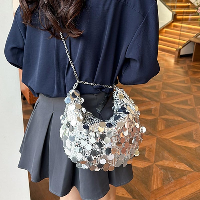 Sither Women's Evening Handbag Large Sequin Evening Bag Purses for Women Glitter Sparkly Handbag with Link Chain for Party (silver) - Image 2