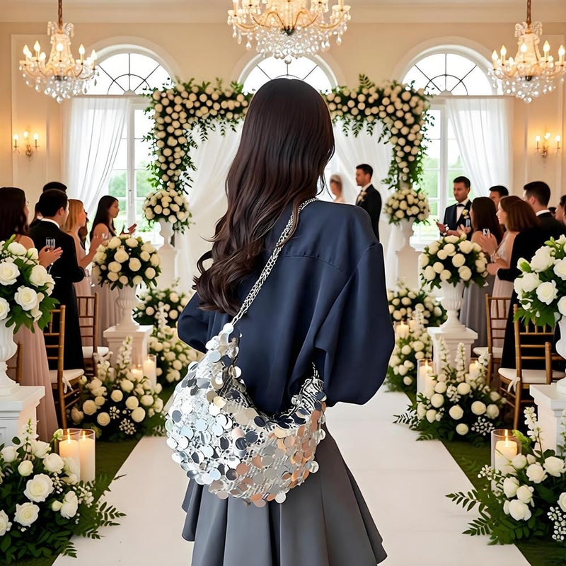 Sither Women's Evening Handbag Large Sequin Evening Bag Purses for Women Glitter Sparkly Handbag with Link Chain for Party (silver) - Image 4