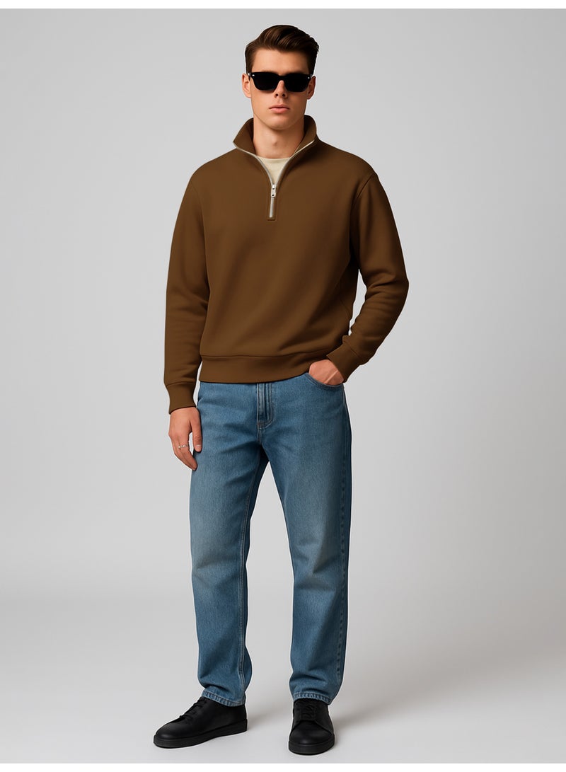 مانياك سويت شيرت رجالي قطن فليس برقبة عالية وأكمام كاملة بني سادة - Image 5
