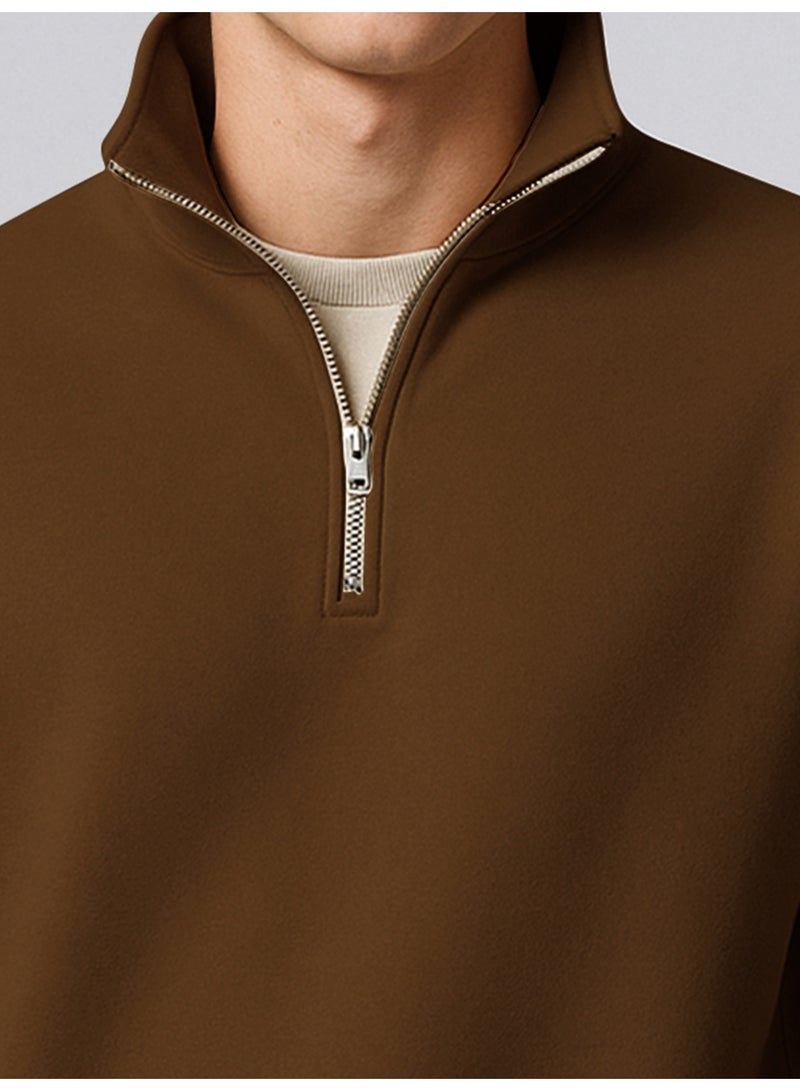 مانياك سويت شيرت رجالي قطن فليس برقبة عالية وأكمام كاملة بني سادة - Image 4