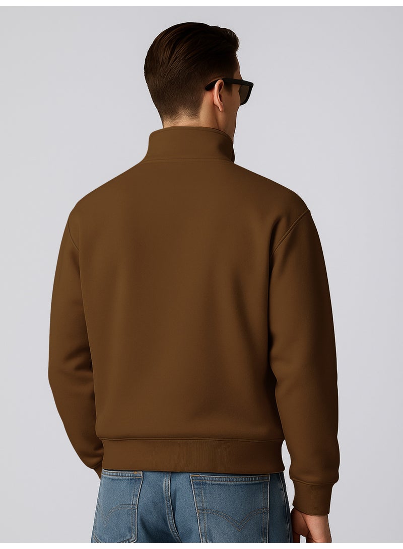 مانياك سويت شيرت رجالي قطن فليس برقبة عالية وأكمام كاملة بني سادة - Image 3
