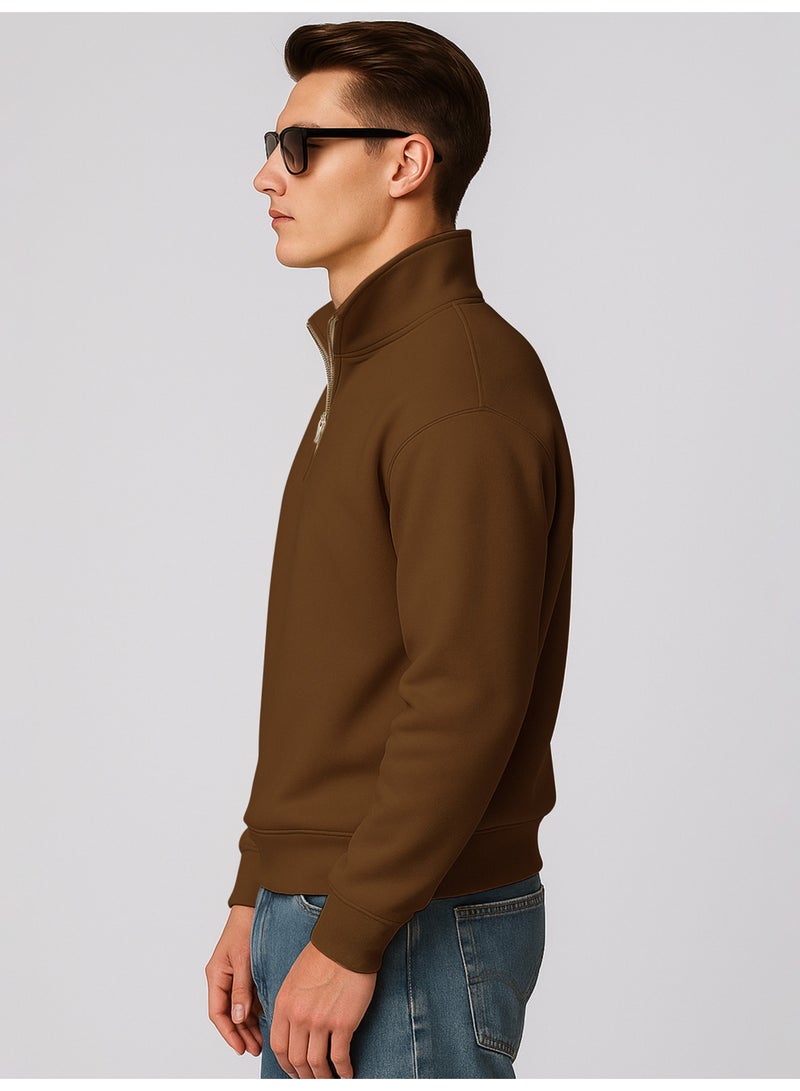 مانياك سويت شيرت رجالي قطن فليس برقبة عالية وأكمام كاملة بني سادة - Image 2