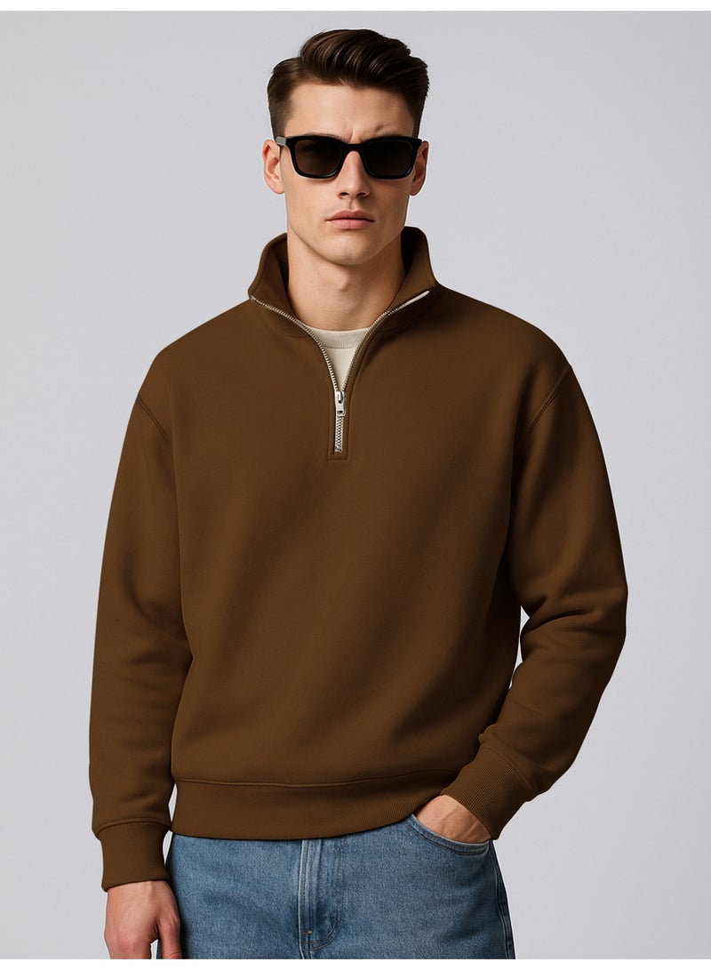 مانياك سويت شيرت رجالي قطن فليس برقبة عالية وأكمام كاملة بني سادة - Image 1