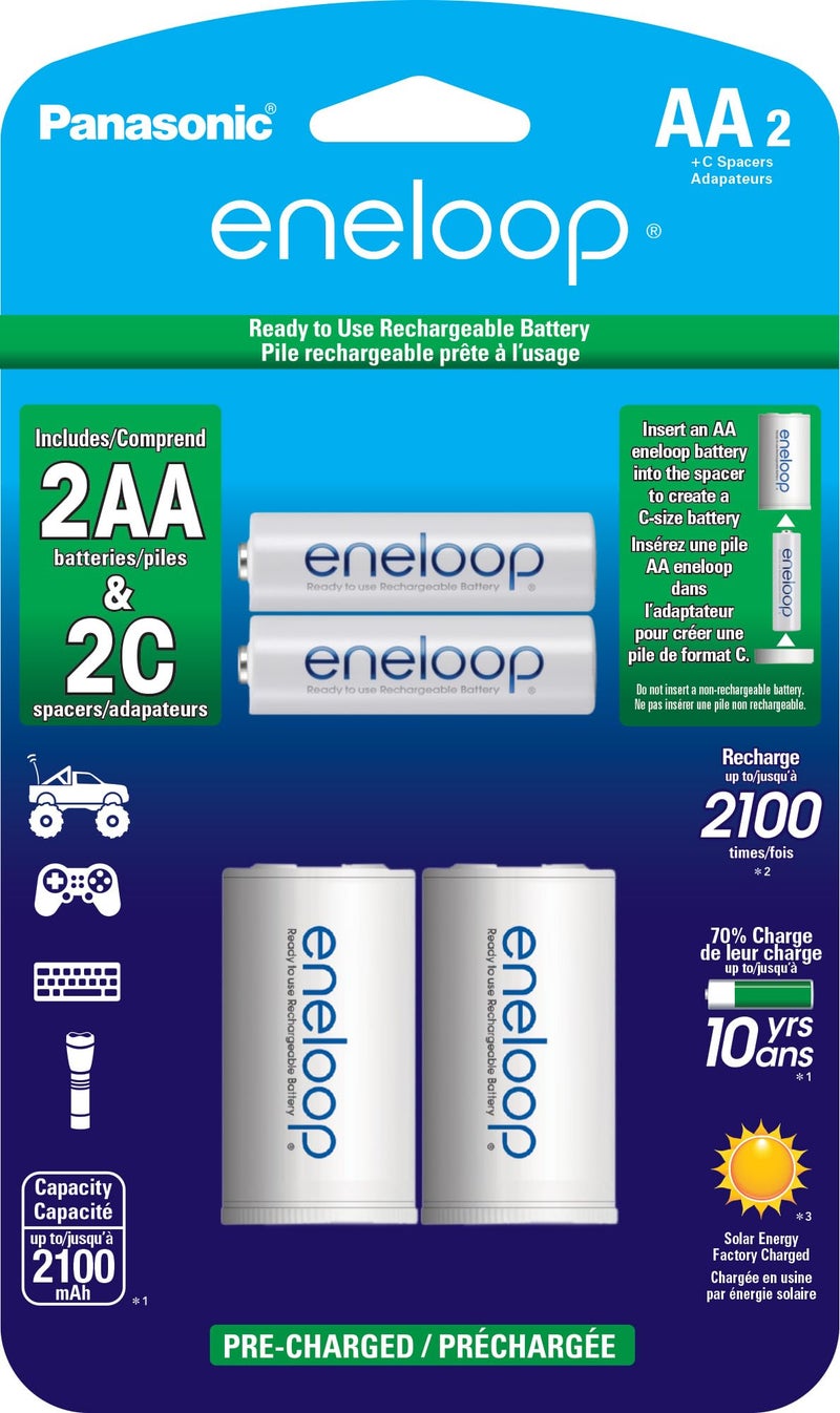 Eneloop Panasonic K-KJS2MCA2BA C Size Battery Adapters AA 2100 Cycle Ni-MH Pre-Charged Rechargeable Batteries, 2 Pack with 2 C Adapters - Image 1