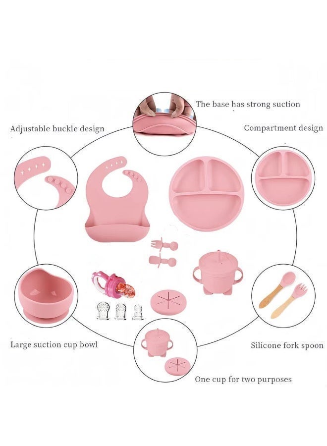 CESETH 17-Piece Baby Silicone Feeding Set - Food-Grade Silicone Without Bpa, Including A Sucking Cup, Adjustable Soft Silicone Bib, Fruit Feeder, And Wooden Fork And Short Silicone Dinner Spoon Suitable For Baby's Independent Eating - Pink - Image 5