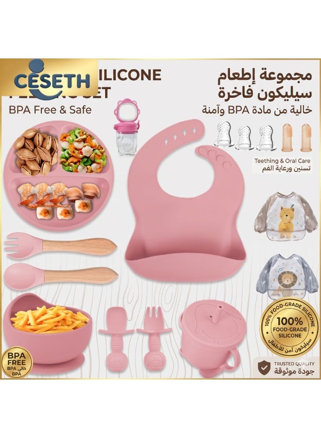CESETH 17-Piece Baby Silicone Feeding Set - Food-Grade Silicone Without Bpa, Including A Sucking Cup, Adjustable Soft Silicone Bib, Fruit Feeder, And Wooden Fork And Short Silicone Dinner Spoon Suitable For Baby's Independent Eating - Pink - Image 1
