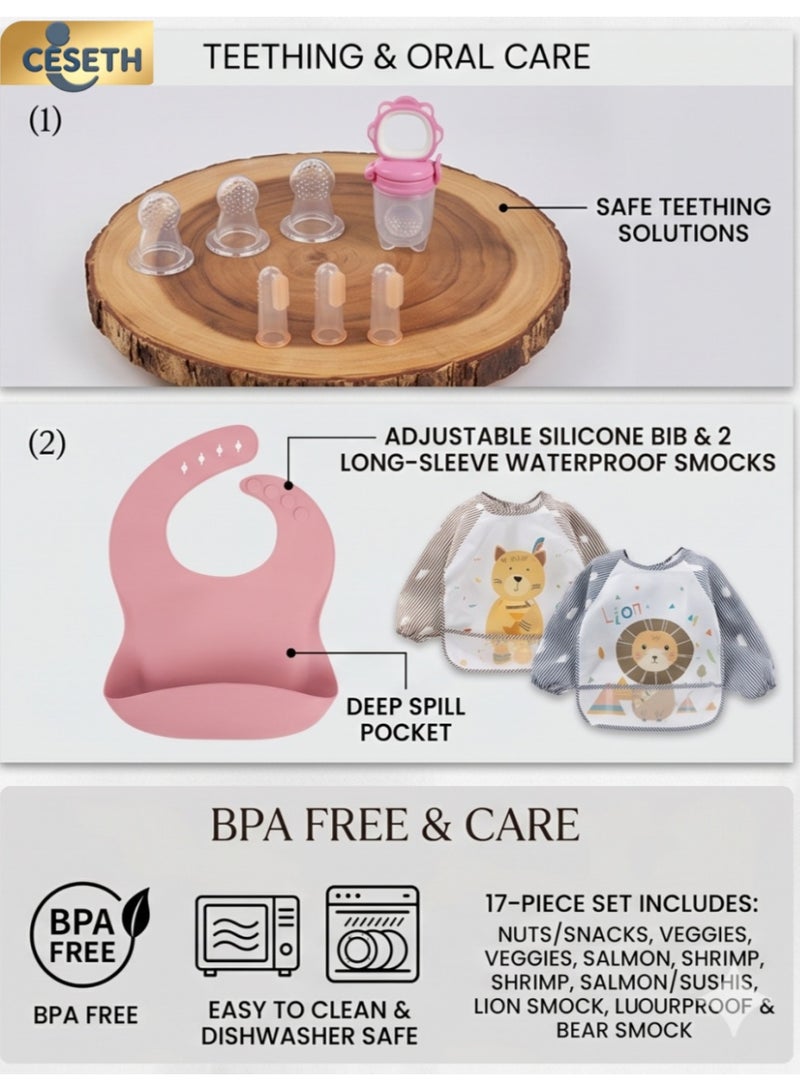 CESETH 17-Piece Baby Silicone Feeding Set - Food-Grade Silicone Without Bpa, Including A Sucking Cup, Adjustable Soft Silicone Bib, Fruit Feeder, And Wooden Fork And Short Silicone Dinner Spoon Suitable For Baby's Independent Eating - Pink - Image 4