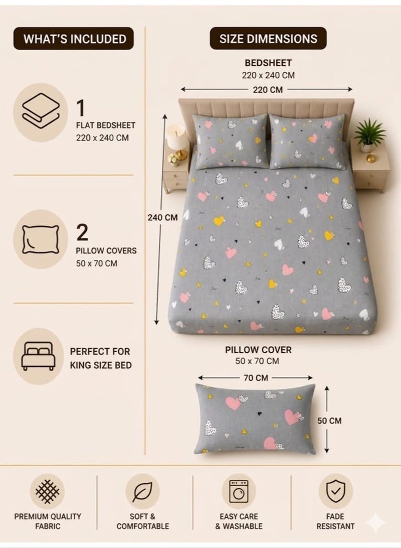 Eworld King Size Double Bedsheet Set 220x240cm Heart Printed Design with 2 Pillow Covers Soft 125 GSM Fabric Durable & Fade Resistant Comfortable Bedding Set - Image 3
