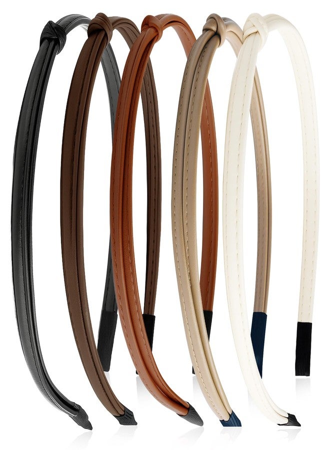 Ceemiaa Thin Faux Leather Knotted Headbands – Trendy Hair Accessories for Women & Girls in Black, Brown & White（5-Pack ） - Image 1