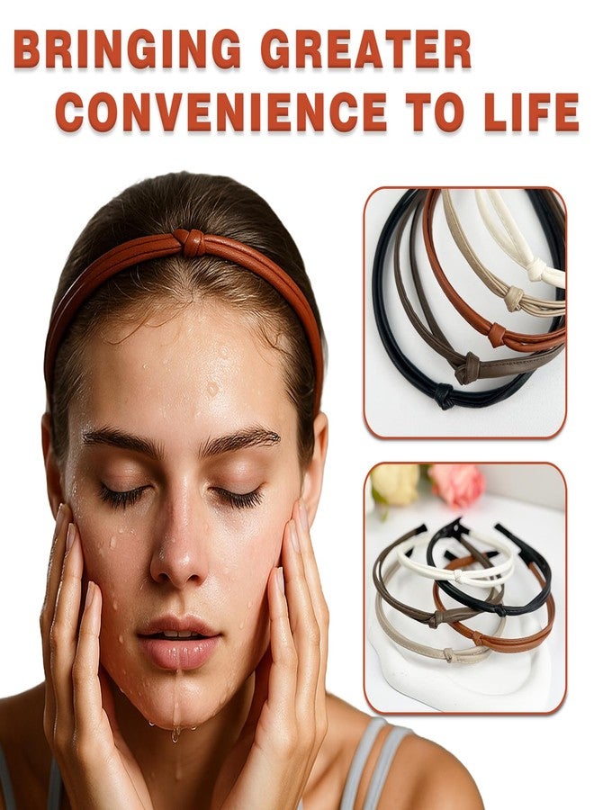 Ceemiaa Thin Faux Leather Knotted Headbands – Trendy Hair Accessories for Women & Girls in Black, Brown & White（5-Pack ） - Image 4